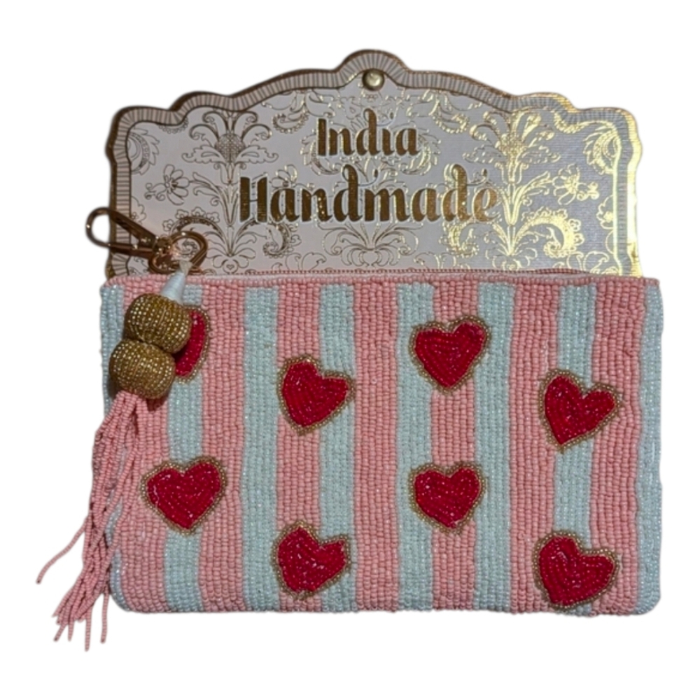 💕▪️made In India ▪️Pink/white Striped Beaded Coin Pouch with Red Hearts
